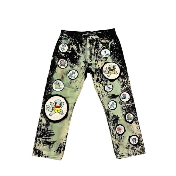 Hand-Painted Graphic Jeans With Pokemon-Themed Patches Green & Black Cotton Blen - Picture 1 of 3